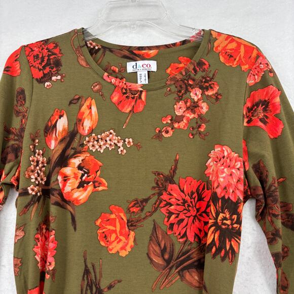 Denim & Co Tunic Size S Olive Green Floral Print Jersey Round Neck Tie Waist - Picture 2 of 9